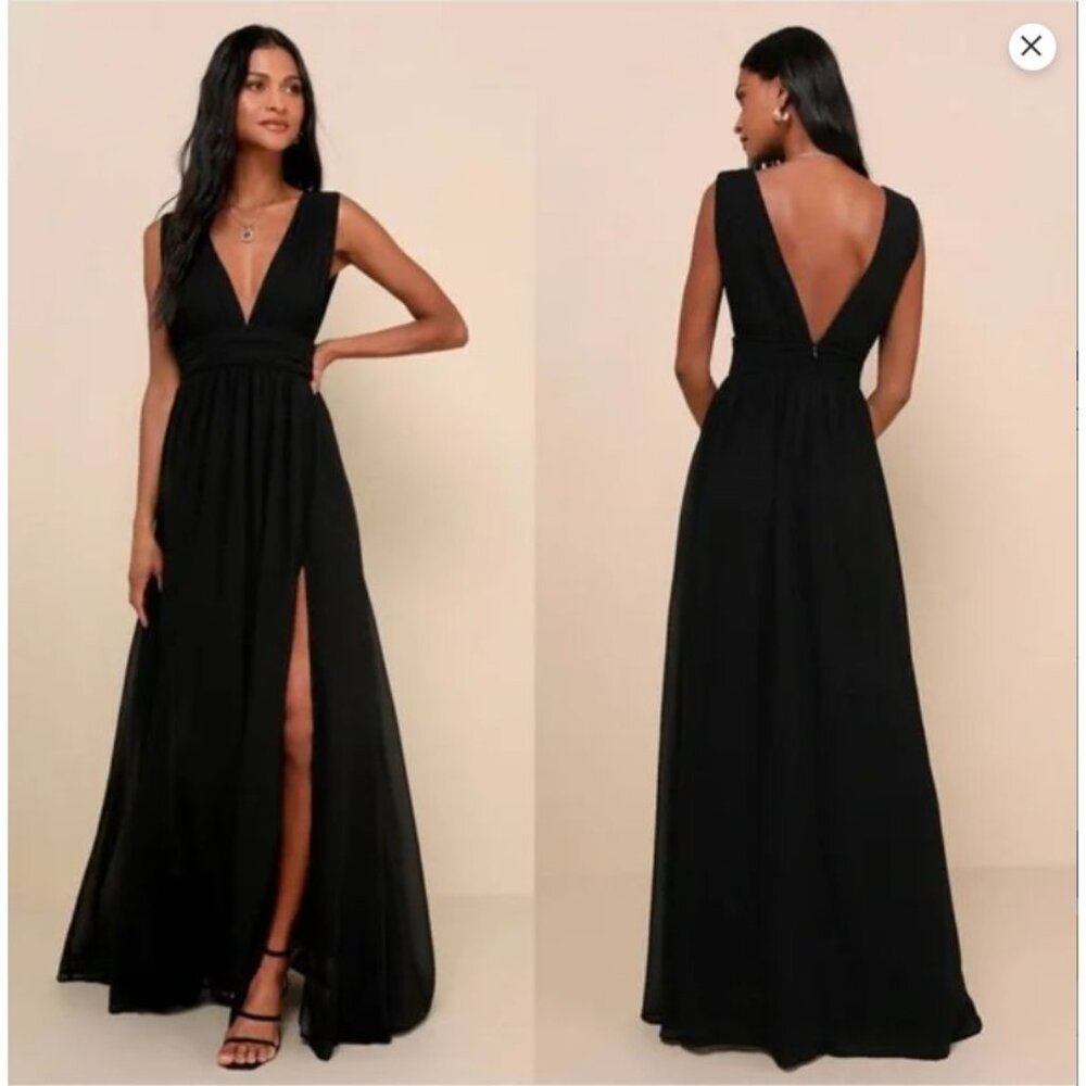 Lulus Women’s Heavenly Hues Classic Black V-Neck Chiffon Layered Maxi Dress
